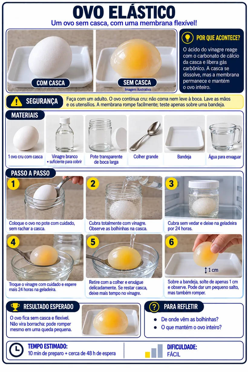 Experimento Ovo Elástico — ficha completa com materiais, passo a passo e resultado esperado