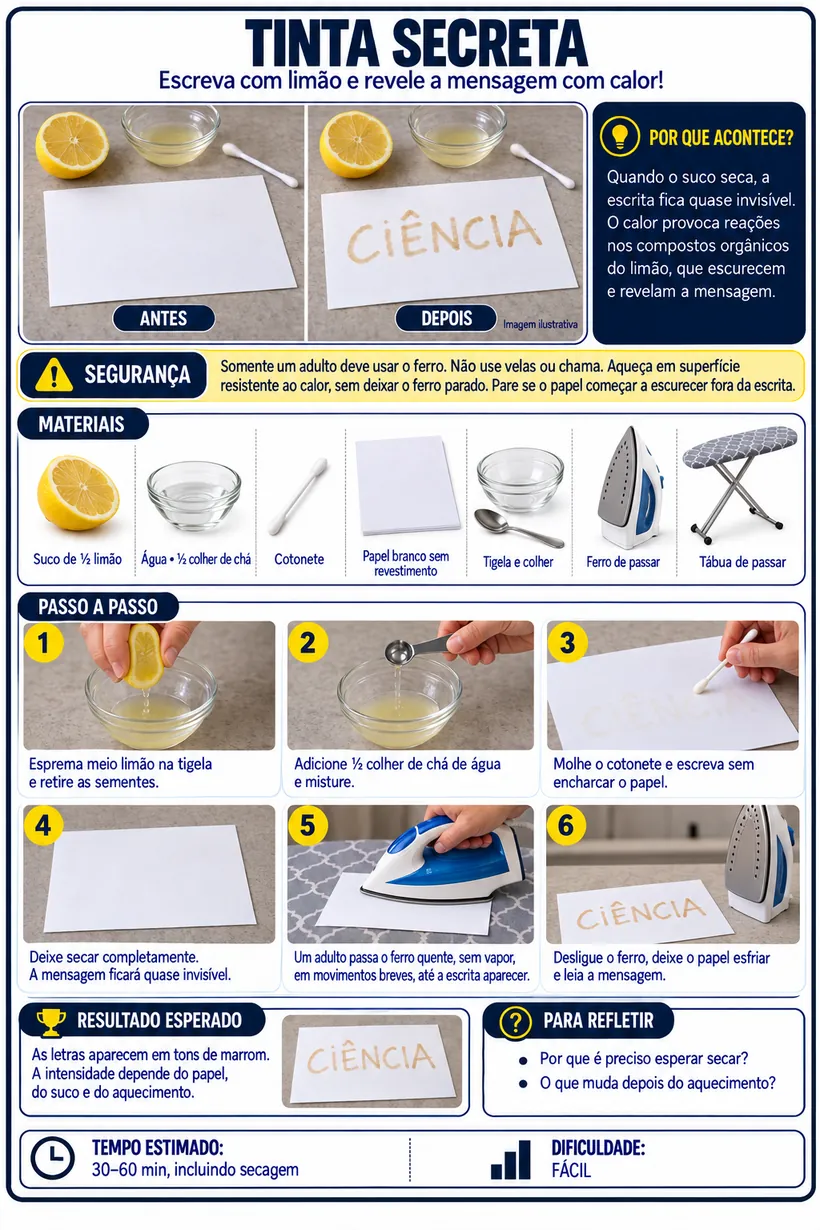 Experimento Tinta Secreta — ficha completa com materiais, passo a passo e resultado esperado
