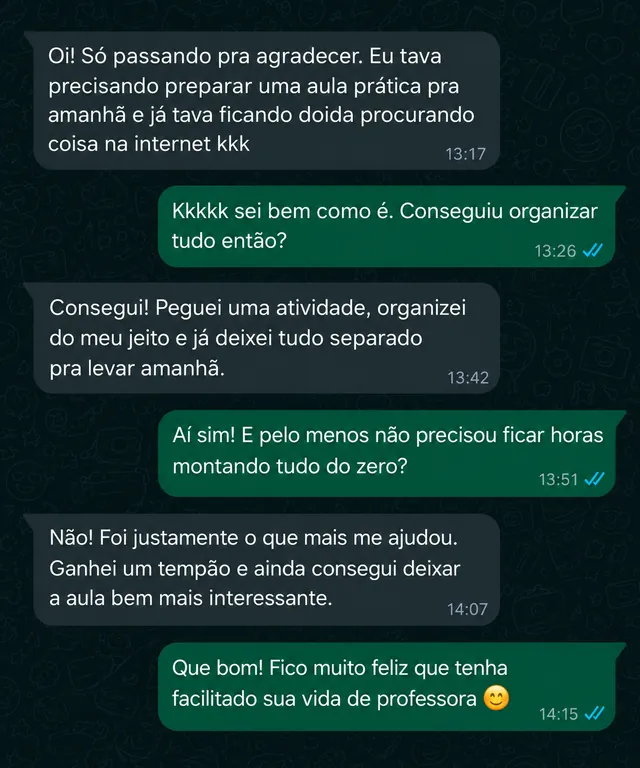 Print de conversa no WhatsApp — depoimento de mãe sobre o experimento da feira de ciências
