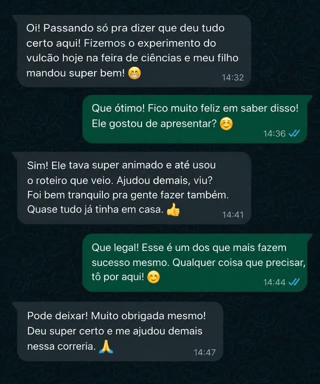 Print de conversa no WhatsApp — depoimento de pai sobre o experimento do vulcão na feira de ciências