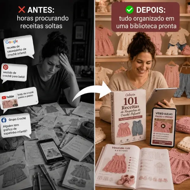 Colagem comparando receitas soltas e uma biblioteca organizada de receitas infantis