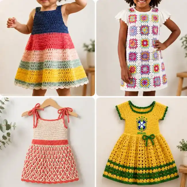 Mosaico com vestidos infantis de crochê